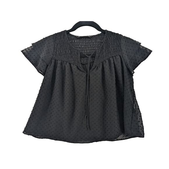 Zara Flare Blouse S Black Draped Loose Fit Tie Front Smocked Pleated Flounce Top - Picture 1 of 11